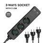 3 Ways Extension Sockets - Black - USB - IP20 - 1.5 m wire